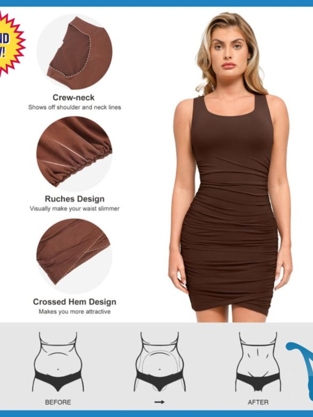 U-Neck Shapewear Mini Dress Tummy Control Ruched Bodycon Party Club - Picture 2 of 7